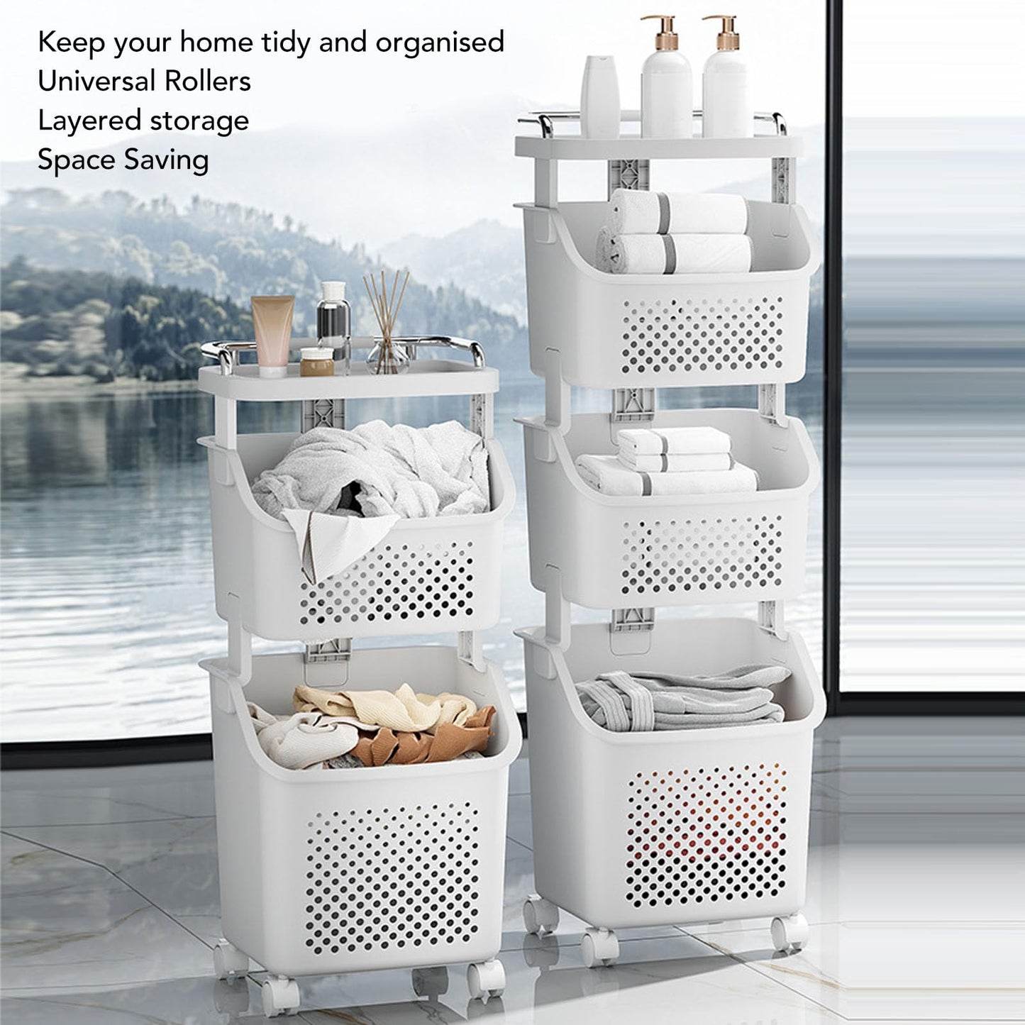 3 Tier Laundry Basket Organizer with Wheels, Tiered Laundry Basket Organizer, with Portable Storage Baskets, for Kitchen Bathroom Bedroom Laundry Room