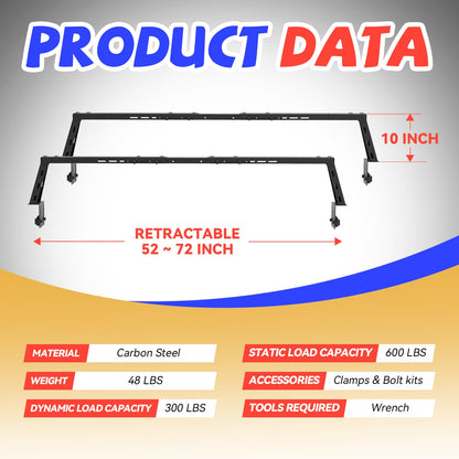 Truck Bed Adjustable Cross Bars for Pickup Trucks, Wide Width Adjustment, No-Drills Needed Installation (Not for Any Bed Cover), 95034D