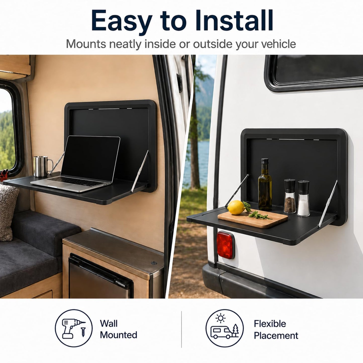 Zpmnan 31.5 * 17.7 Foldable RV Picnic Tables, 55Lbs Capacity Campervan Picnic Wall Mounted Table, Aluminum Alloy RV Caravan Folding Table (Black, 31.5in)