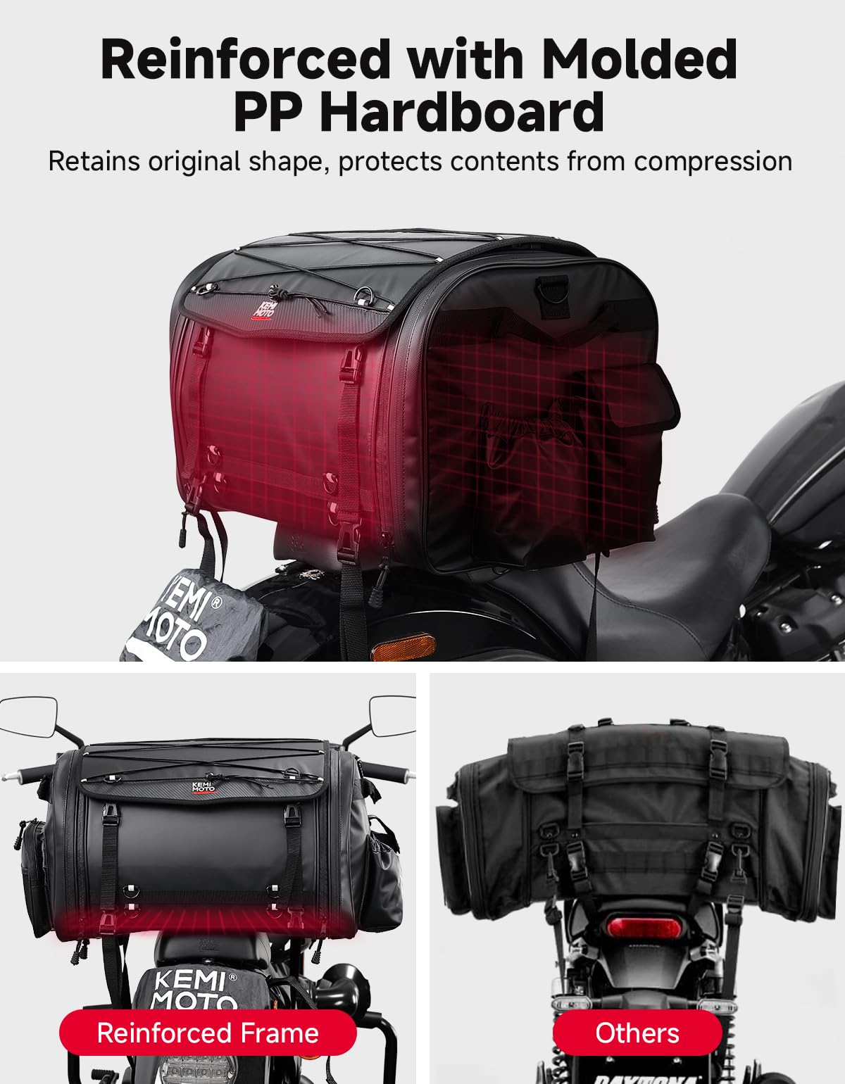 KEMIMOTO Motorcycle Travel Luggage Bags, Expandable Large Capacity Motorcycle Tail Bag, Waterproof Rear Rack Trunk, Motor Pannier Bag with Rain Cover and Straps 60L-80L