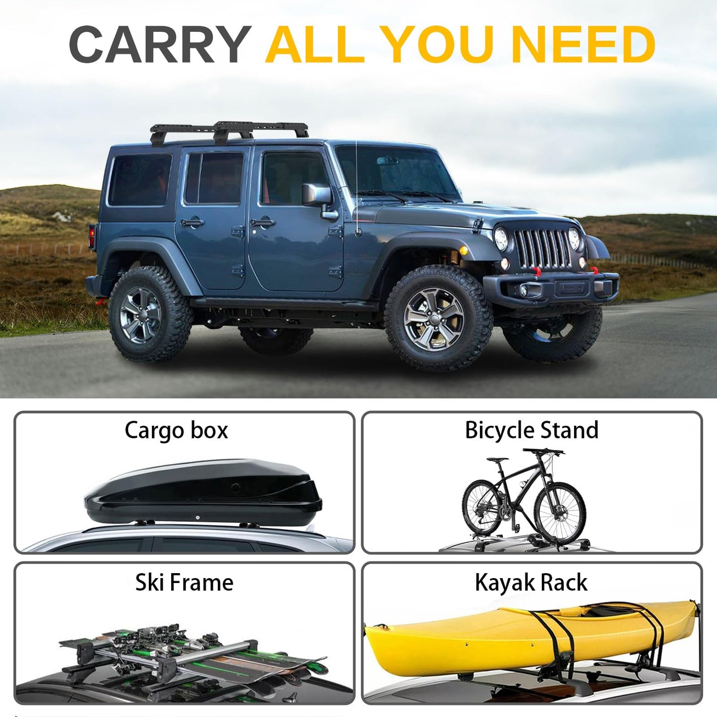 420 LBS Roof Rack Cross Bars,Adjustable 39.4-61 inch Roof Rail Crossbars Fit for Jeep Wrangler JL JT 2018-2025 (2/4 Door Hardtop), Rooftop Cargo Bag Kayak Bike Carrier