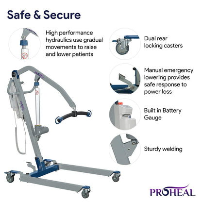 ProHeal Portable Patient Lift - Compact Folding Full Body Patient Transfer Lifter for Home Use and Facilities - Low Bed and Chair Lifting, 400 Pound Weight Capacity, 2 Point Spreader Bar