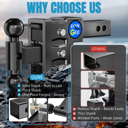Trailer Hitch Fit 2-Inch Receiver, Drop Hitch 10" Drop & Rise, Adjustable Tow Hitch for Trucks 8000 LBS Towing Capacity with 2"& 2-5/16" Dual Ball Mount, Includes Pintle Lock & Hitch Pins & Clips