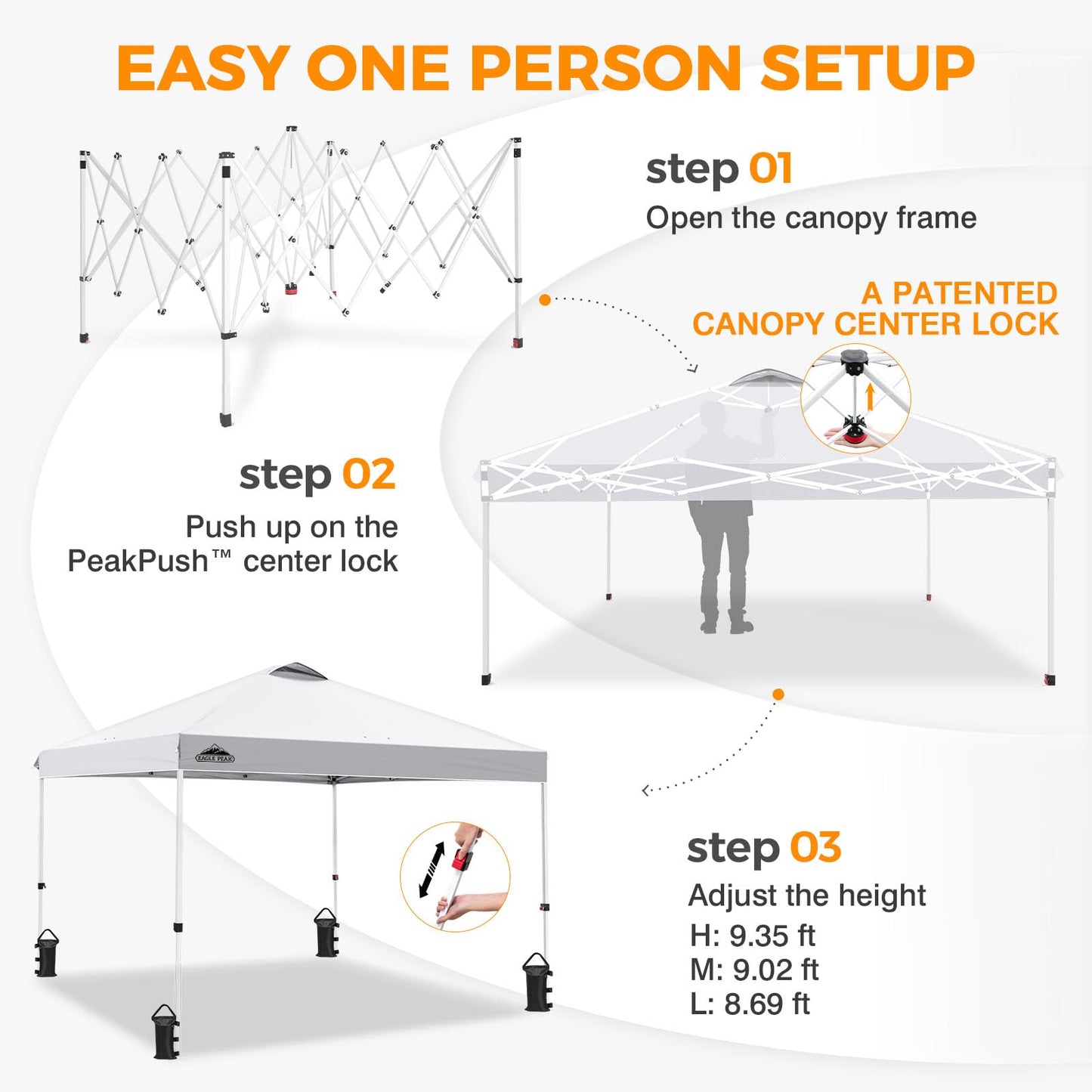EAGLE PEAK Pop Up Canopy Tent with Wheeled Carry Bag, 8 Stakes, 4 Ropes, 4 Weight Bags, Easy Set Up Tent Canopy, 10x10 ft, 100sqft of Shade, White