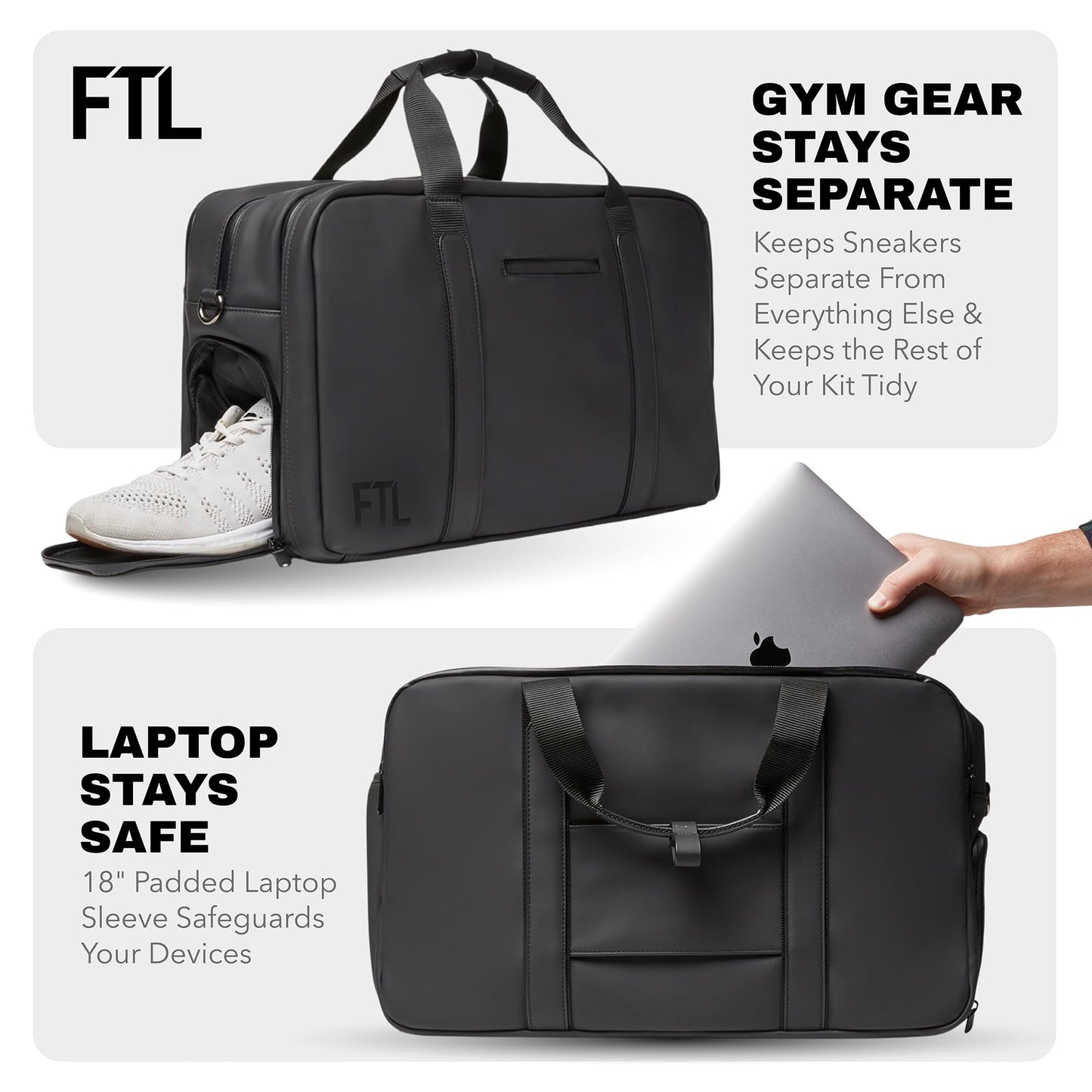 The FTL Pro Mens Travel Bag - 30L Premium Work to Gym Weekender Duffel with Garment Bag, Shoe Space & 18" Laptop Sleeve - Organized Athletic Business Carry On Hybrid, Fits Under Airplane Seat - Black