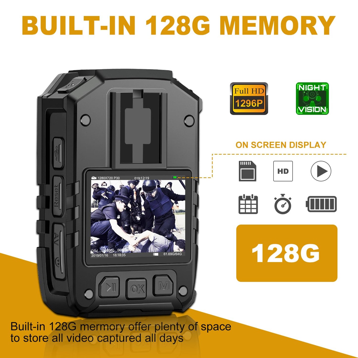 CammPro I826 HD Police Body Camera,128G Memory,Waterproof Premium Portable Body Worn Camera with Audio Recording Wearable,Night Vision,GPS for Law Enforcement (1440P)