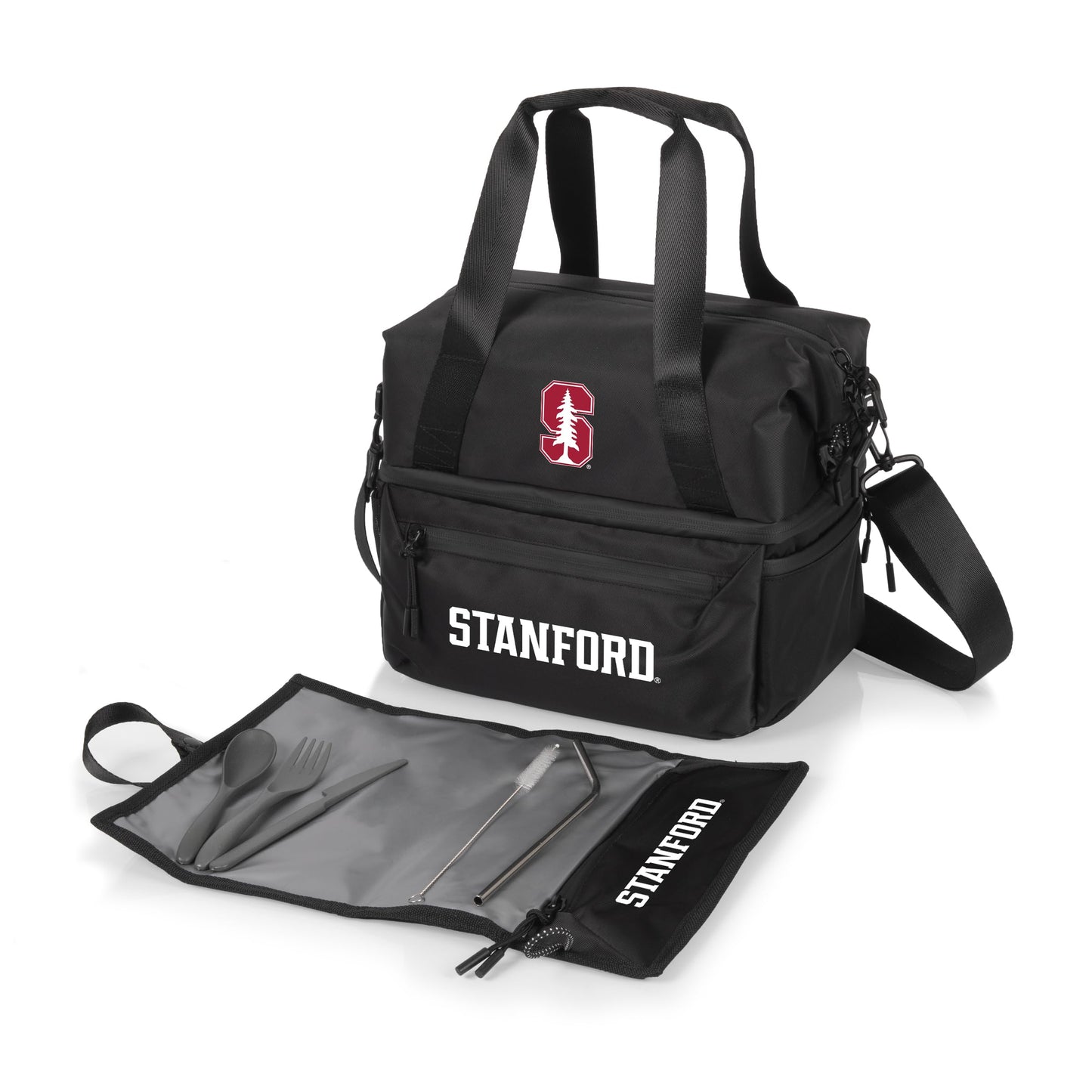 PICNIC TIME NCAA Stanford Cardinal Tarana Lunch Bag Cooler with Utensils Made from Recycled Material, Lunch Box with Picnic Set, Upcycled Lunch Cooler Bag, (Carbon Black)
