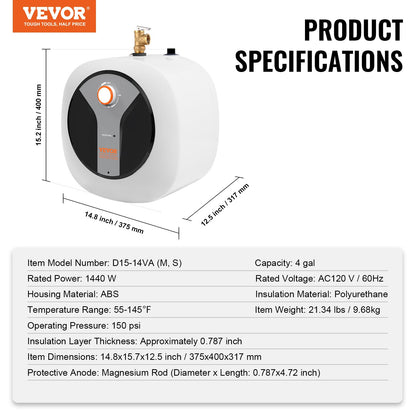 VEVOR Electric Mini-Tank Water Heater 4-Gallon Tank, 1440W Hot Water Boiler Storage, Safety Temperature Pressure Valve Easy Install, for Kichen Bathroom Restaurant, Shelf Wall Mounted