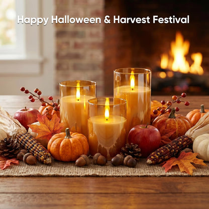 5plots Glass Battery Operated Gold Flameless Candles with Remote Timer, 3D Wick Real Wax Pillar Led Candles Warm Flickering Light for Indoor Home, Halloween, Christmas Decor, Set of 3, D3 x H4 5" 6"