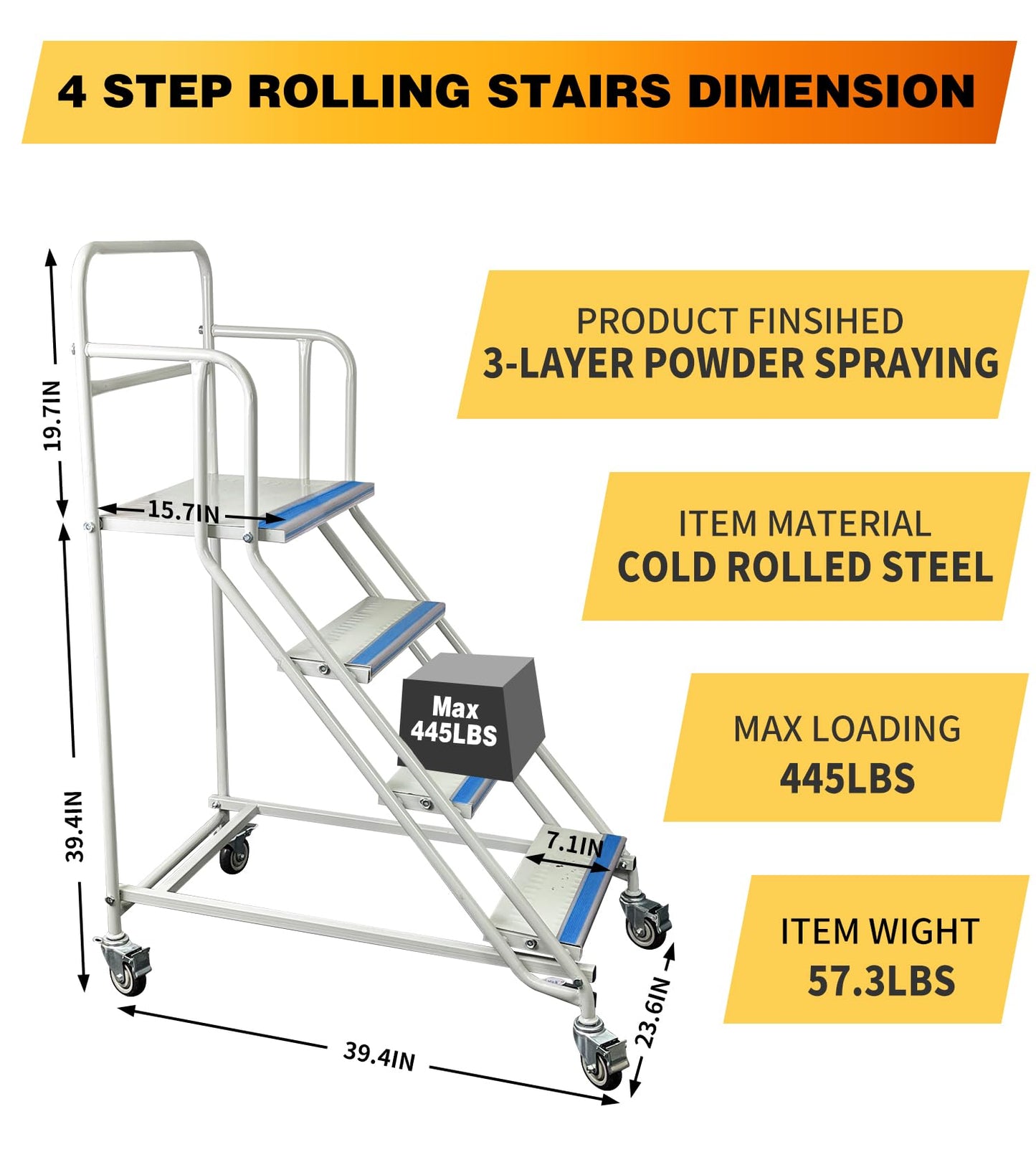 4 Step Rolling Stairs with Wheels, Industrial & Warehouse 4-Step Stairs, Non-Slip Rolling Steps with Stair Edge Protector, Easy to Move Rolling Steps for Goods Shelves, 23.6"x59.1", 445LBs Capacity