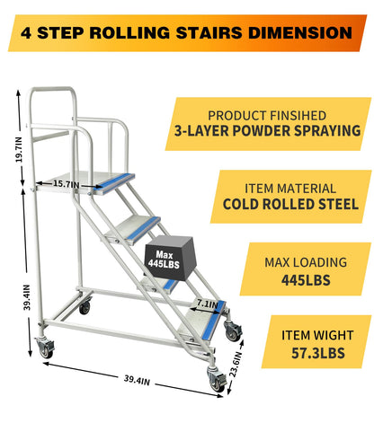 4 Step Rolling Stairs with Wheels, Industrial & Warehouse 4-Step Stairs, Non-Slip Rolling Steps with Stair Edge Protector, Easy to Move Rolling Steps for Goods Shelves, 23.6"x59.1", 445LBs Capacity