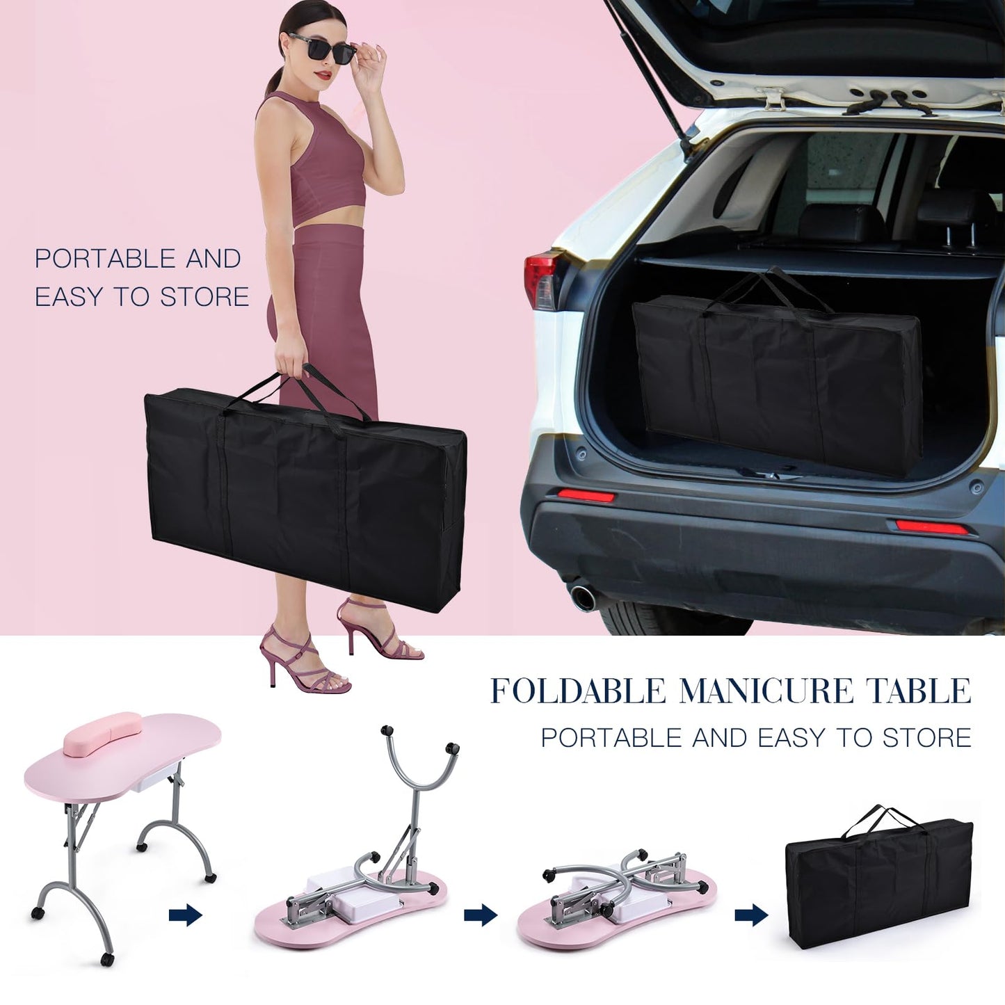 Joligrace Professional Foldable & Portable Manicure Table Nail Technician Desk Workstation 4 Lockable Wheels with Drawer Client Wrist Pad Free Carrying Bag Travel Nail Tech Spa Beauty Table Pink