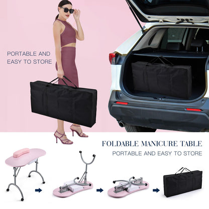 Joligrace Professional Foldable & Portable Manicure Table Nail Technician Desk Workstation 4 Lockable Wheels with Drawer Client Wrist Pad Free Carrying Bag Travel Nail Tech Spa Beauty Table Pink
