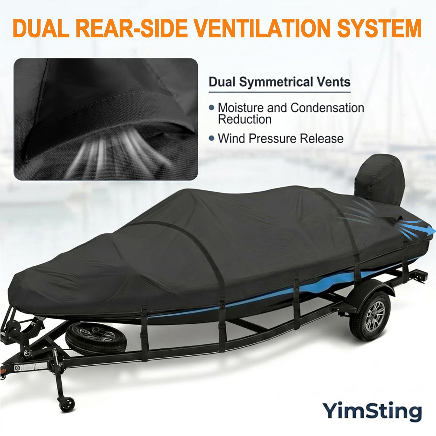 YimSting Boat Cover 16-18.5ft, 1200D Heavy Duty Waterproof Boat Cover with Metal Hook & Motor Cover, Fits 16' 17' 18' Bass Boat, V-Hull, Tri-Hull & Runabout Boats up to 94" Beam, Black