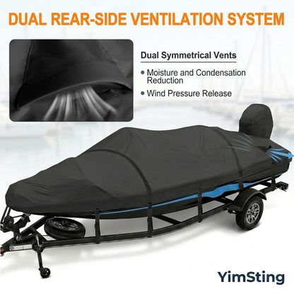 YimSting Boat Cover 16-18.5ft, 1200D Heavy Duty Waterproof Boat Cover with Metal Hook & Motor Cover, Fits 16' 17' 18' Bass Boat, V-Hull, Tri-Hull & Runabout Boats up to 94" Beam, Black