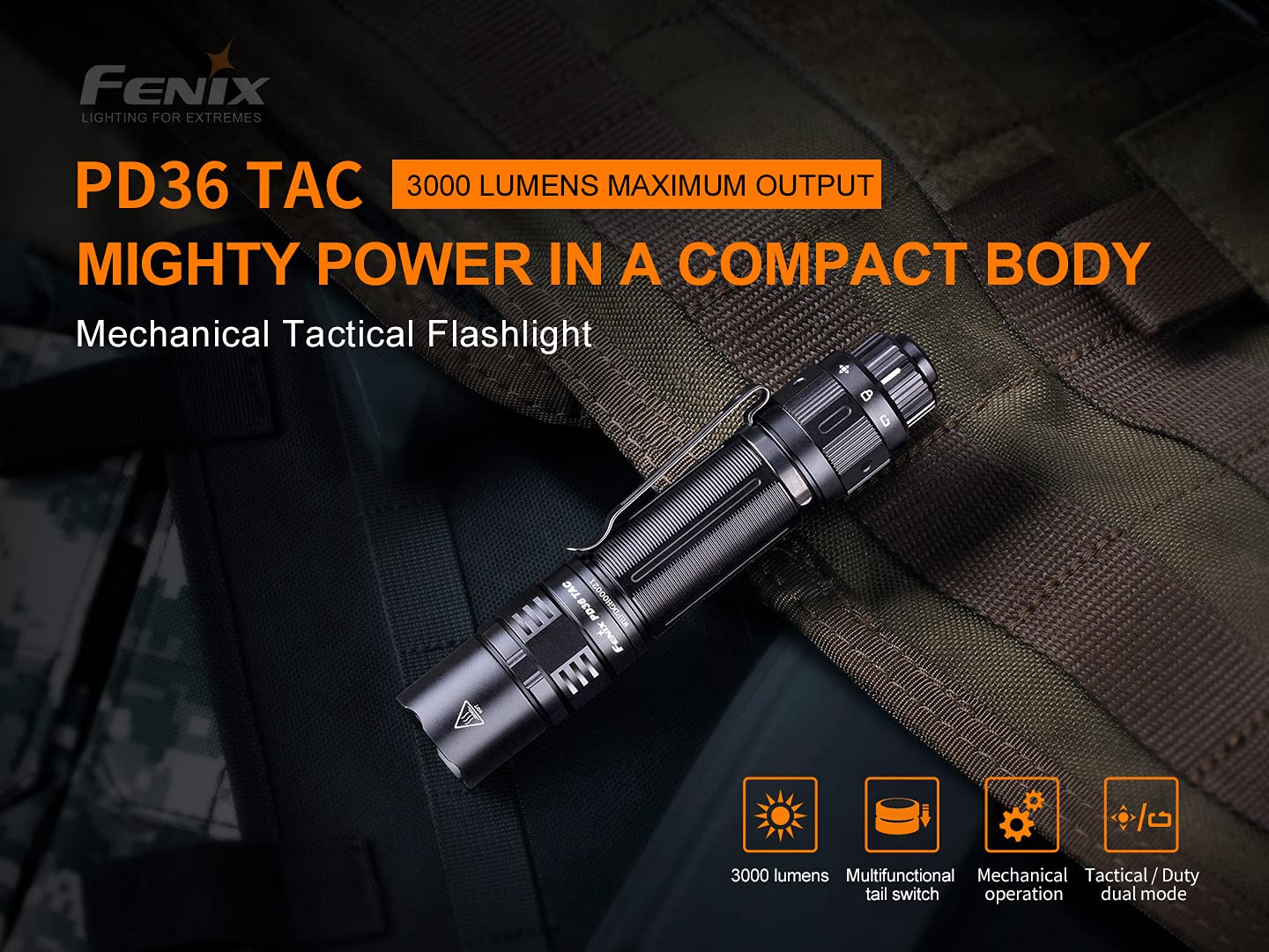 EdisonBright Fenix PD36 TAC 3000 Lumen LED Tactical Flashlight, Holster and Battery USB Charging Adapter