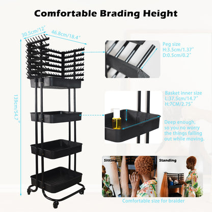 Braiding Hair Rack with 196 Pegs, Hair Extension Holder with 4 Tiers Storage Cart, Classical Black Braiding Rack Stand for Hair Braider, Sturdy Hair Rack for Salon, Home, Braiding School