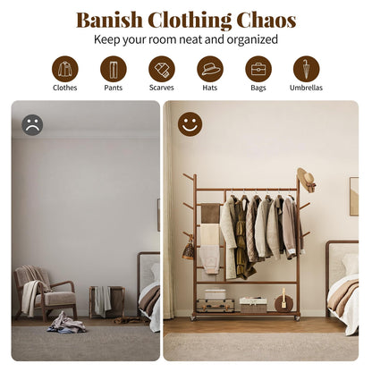 Yoobure Solid Wood Clothing Rack - Rolling Clothes Rack with Wheels, 4-in-1 Coat Rack with Pants Rack & Shelf, Freestanding Clothing Racks for Hanging Clothes, Garment Rack for Closet Bedroom Entryway