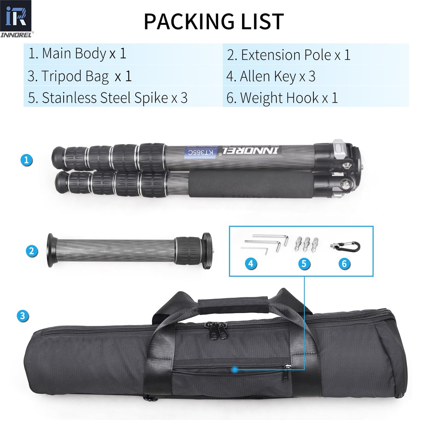 INNOREL KT365C Compact Carbon Fiber Camera Tripod 36mm Max Tube Professional 5 Sections Travel Tripod for Digital DSLR Video Camcorder Heavy Duty Camera Stand Load 66.1lb/30kg with Center Column