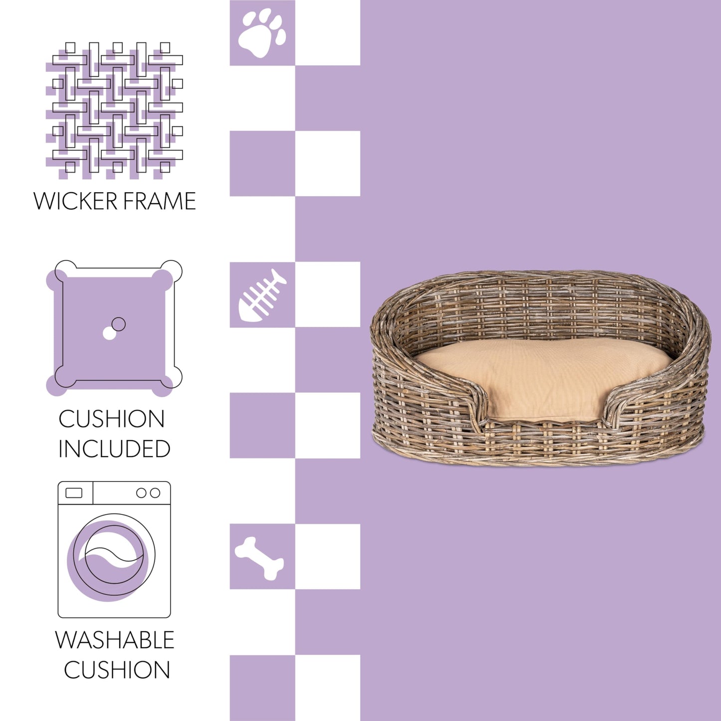 THE LICKER Store DBD1005A Elevated 27.5" x 17" Bohemian Handwoven Rattan Dog Daybed with Machine-Washable Cushion, Natural
