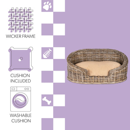 THE LICKER Store DBD1005A Elevated 27.5" x 17" Bohemian Handwoven Rattan Dog Daybed with Machine-Washable Cushion, Natural