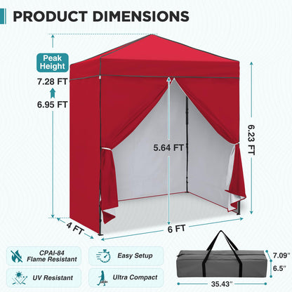 EAGLE PEAK 6x4 Instant Pop Up Canopy Tent with 4 Side Wall Panels, Straight Leg Sun Shelter, Portable Canopy with Carry Bag for Camping, Beach & Sports, Red