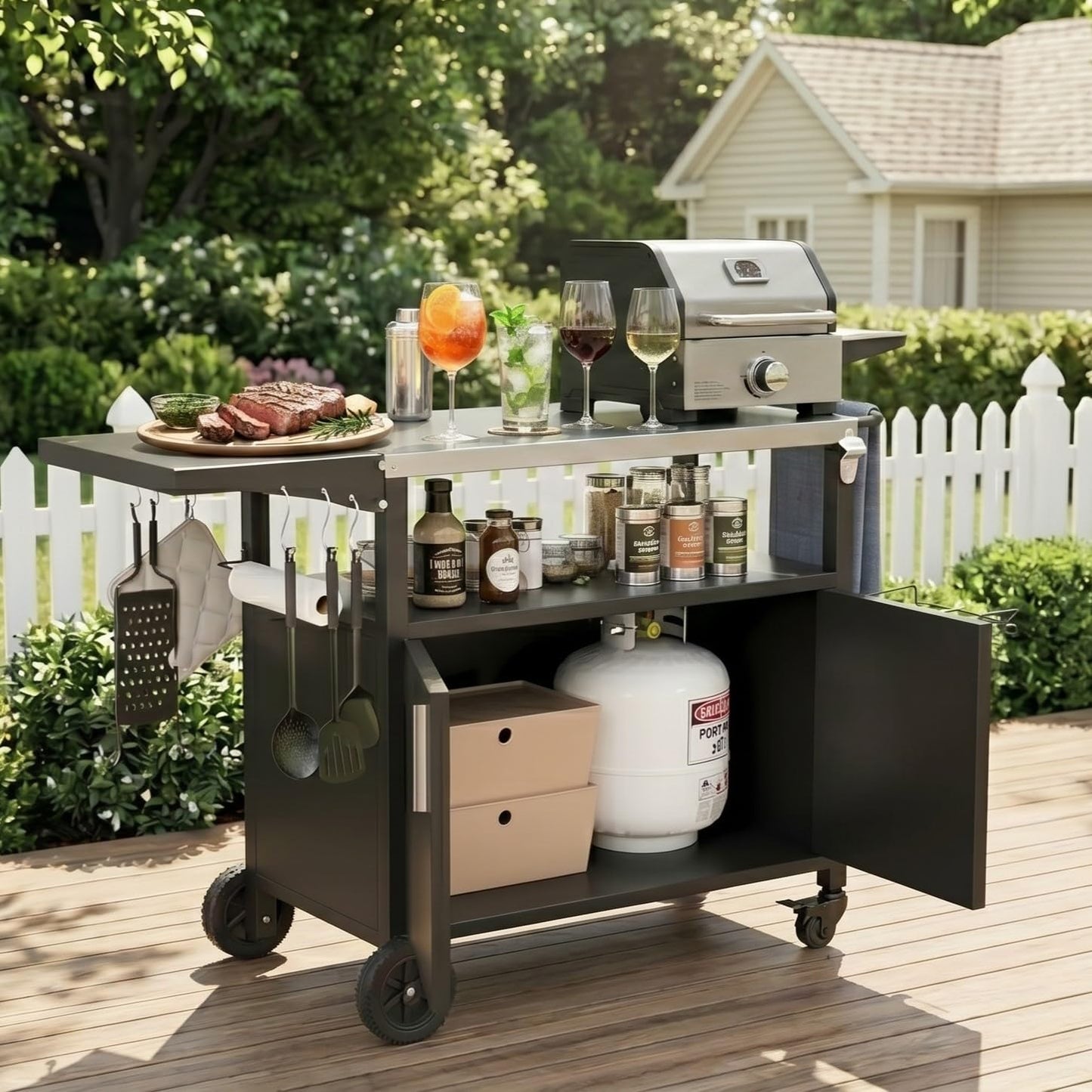 Vongrasig Outdoor Grill Cart, Patio Kitchen Island with Storage, Outdoor Bar Table BBQ Cart Pizza Oven Table with Foldable Stainless Steel Top & Wheels, Black
