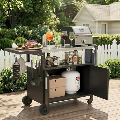 Vongrasig Outdoor Grill Cart, Patio Kitchen Island with Storage, Outdoor Bar Table BBQ Cart Pizza Oven Table with Foldable Stainless Steel Top & Wheels, Black