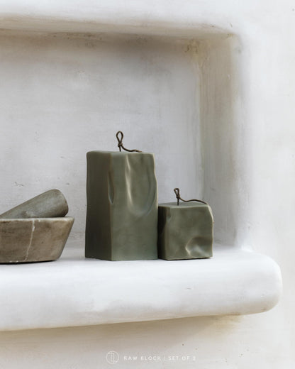 LAWA Raw Block Set of 2 Candle - Beautiful Handmade Pillar Scented Soy Wax Elegant Aesthetic Candle Housewarming Gift Home Room Shelf Decor Idea (Earthy Green, Set of 2)