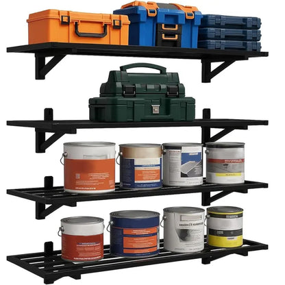 Noliven 4 Pack 1.5x4ft Garage Shelving Wall Mounted, 792lbs Load Capacity, Adjustable PowerTool Organizer, Heavy Duty Storage Rack, Ideal for Warehouse, Garage, Black