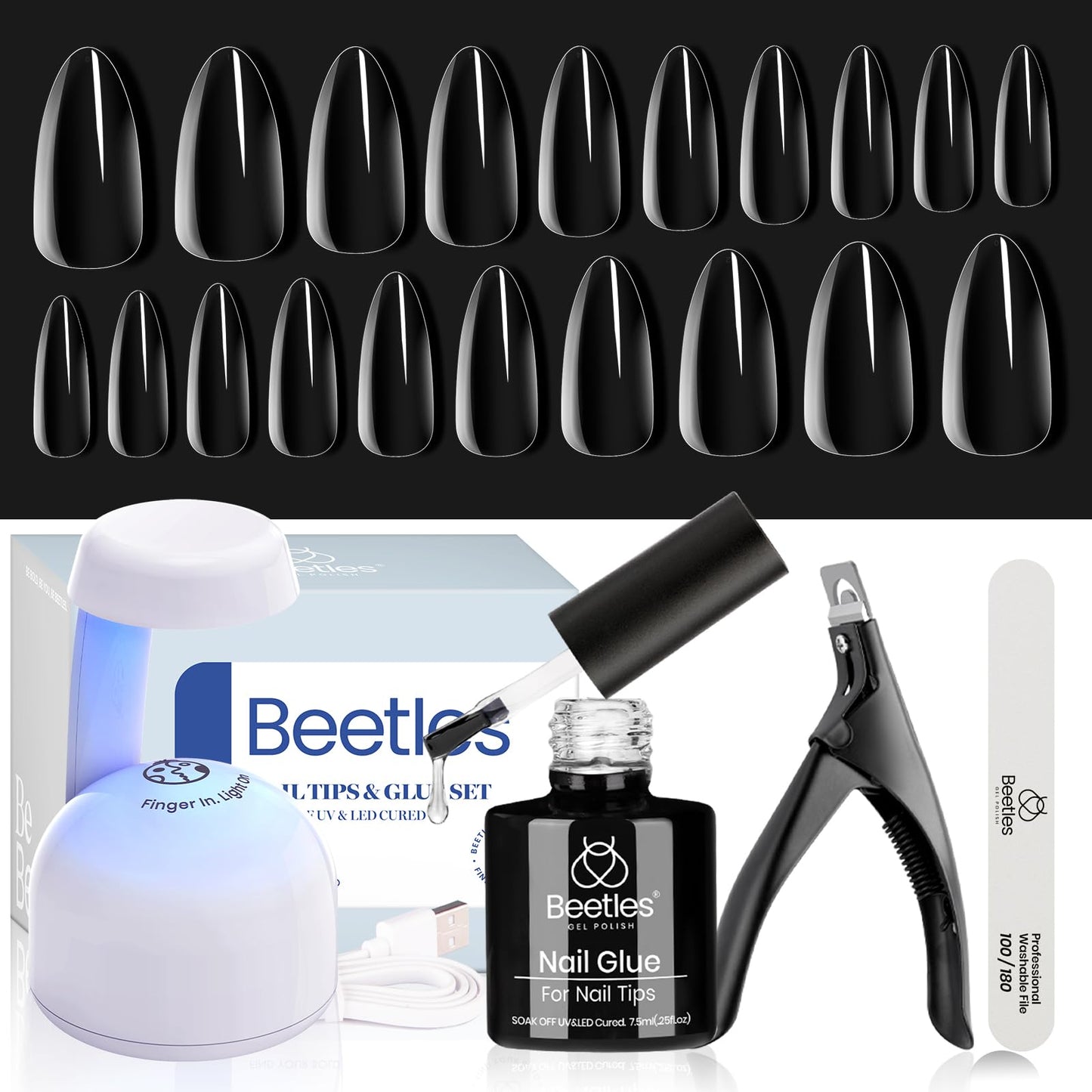 Beetles Gel Nail Extension Kit Almond Shape, Easy 9 in 1 Glue Uv Led Set Etch X Nail Tips Short Almond Half Matte Tips, Gift for Women & Girls, 504 pcs