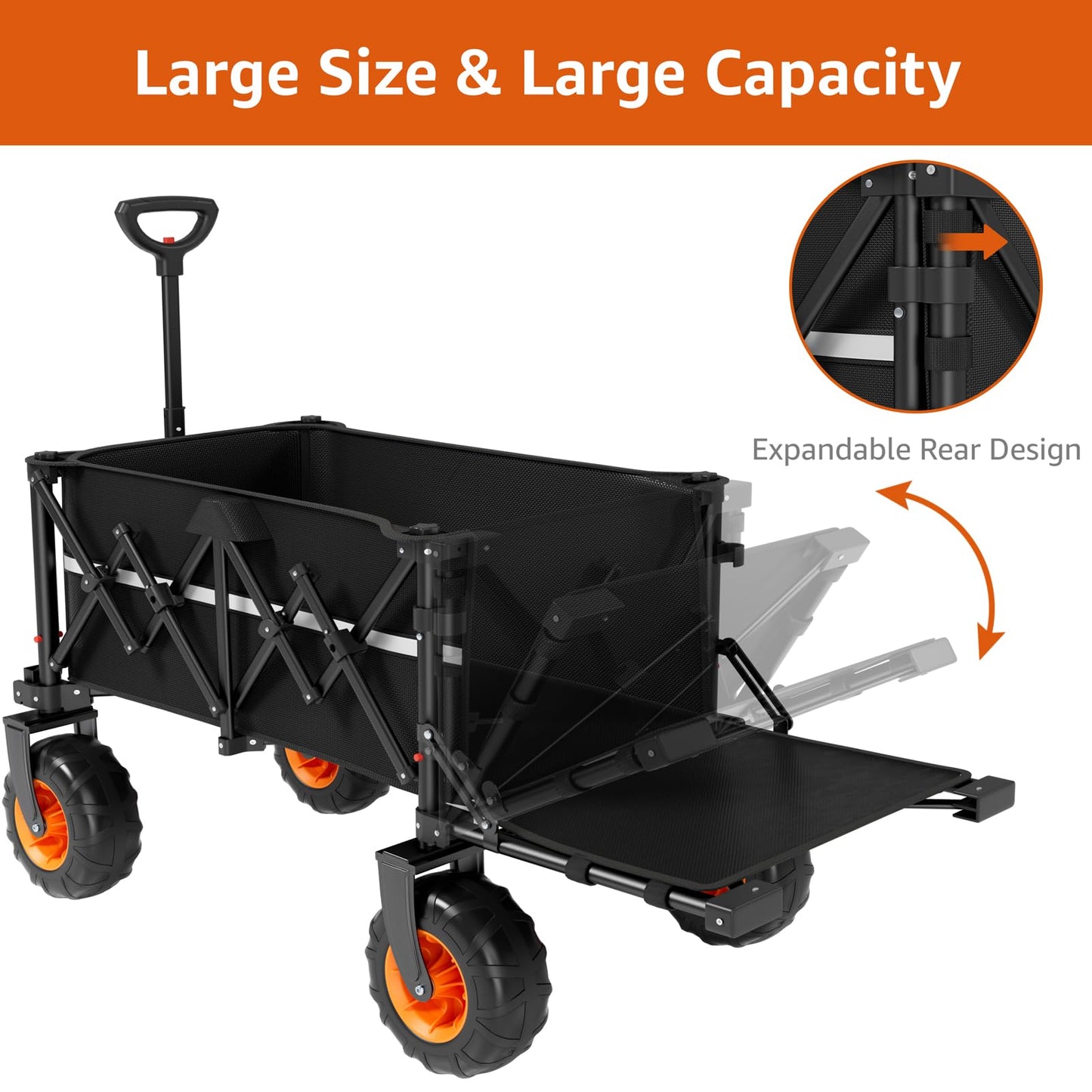 Collapsible Wagon Heavy Duty Foldable 200L Large Garden Utility Cart, 10" Big Wheels All Terrain, 800lbs Collapsible Wagons Carts with Extended Tailgate for Camping Beach
