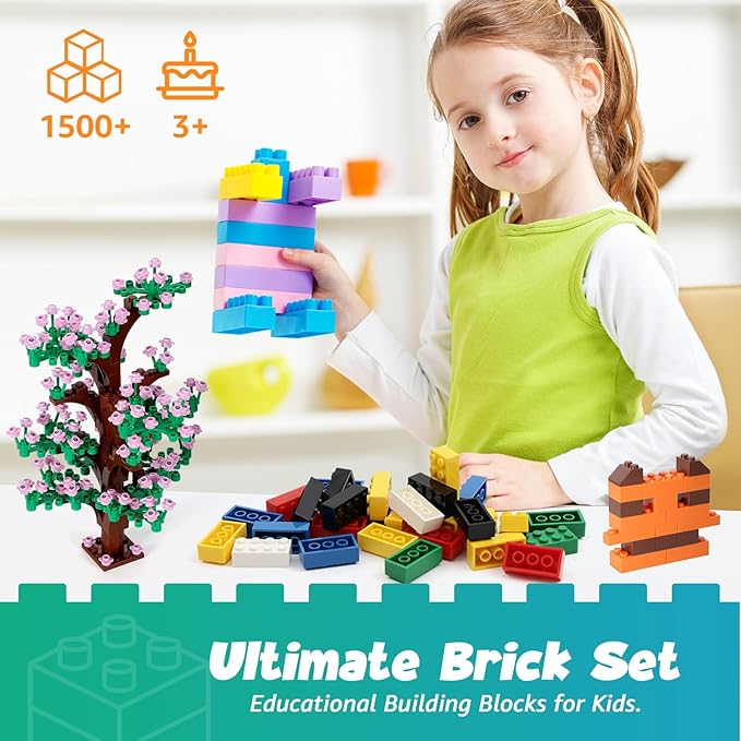 1800 Pieces Building Bricks SetBuilding Bulks Blocks with 1 Packs 24x24 Studs Sticky Plates205 Pcs Flowers and Tree Set 14 Colors 18 Random Bulk Shapes Creative Toy Gift for Boys Girls