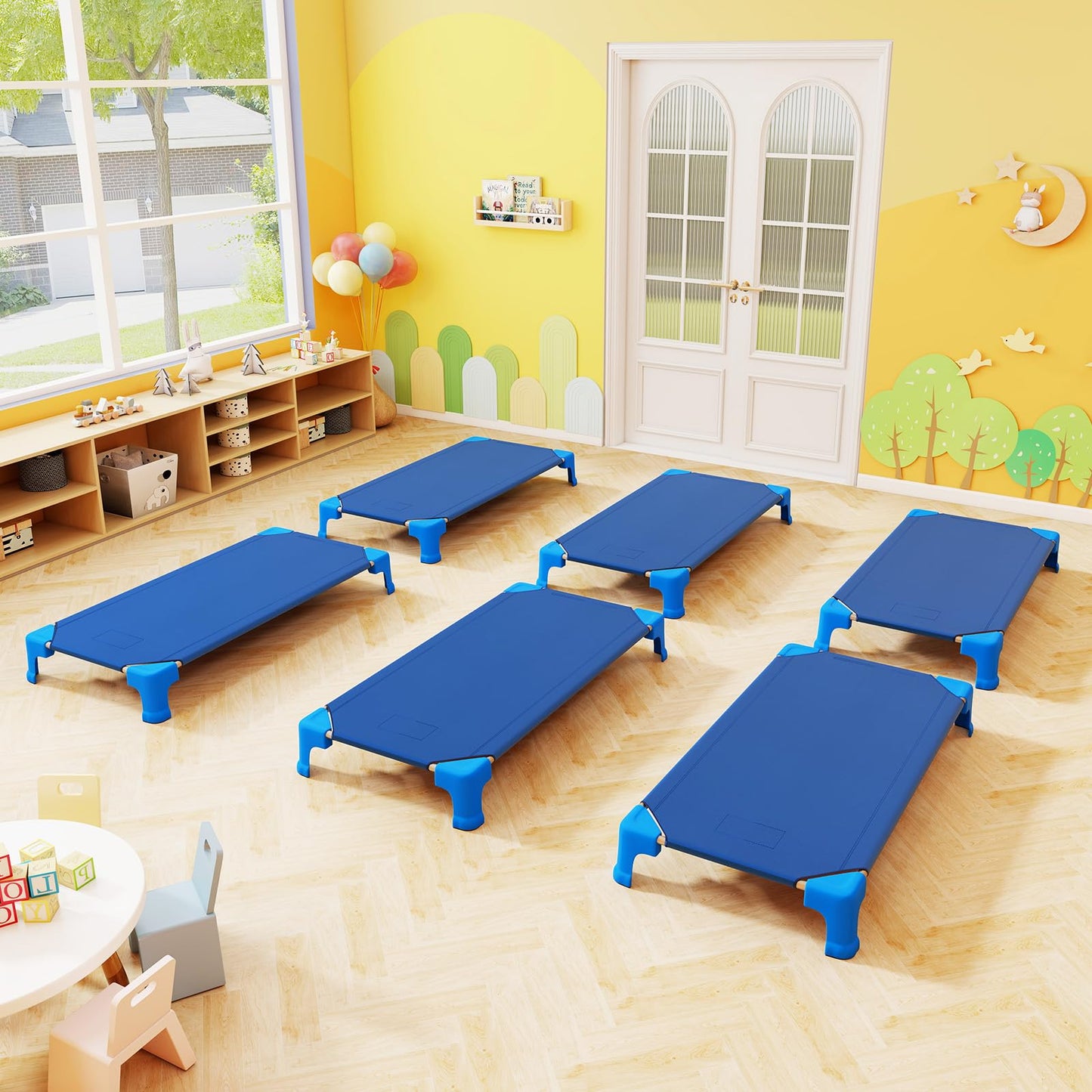 Giantex Stackable Daycare Cots for Sleeping, 53" L x 24" W Portable Nap Cots for Kids and Toddlers w/Easy Lift Corners, Space-Saving Toddler Bed for Preschool Classroom Pet Daycare, Pack of 6, Blue