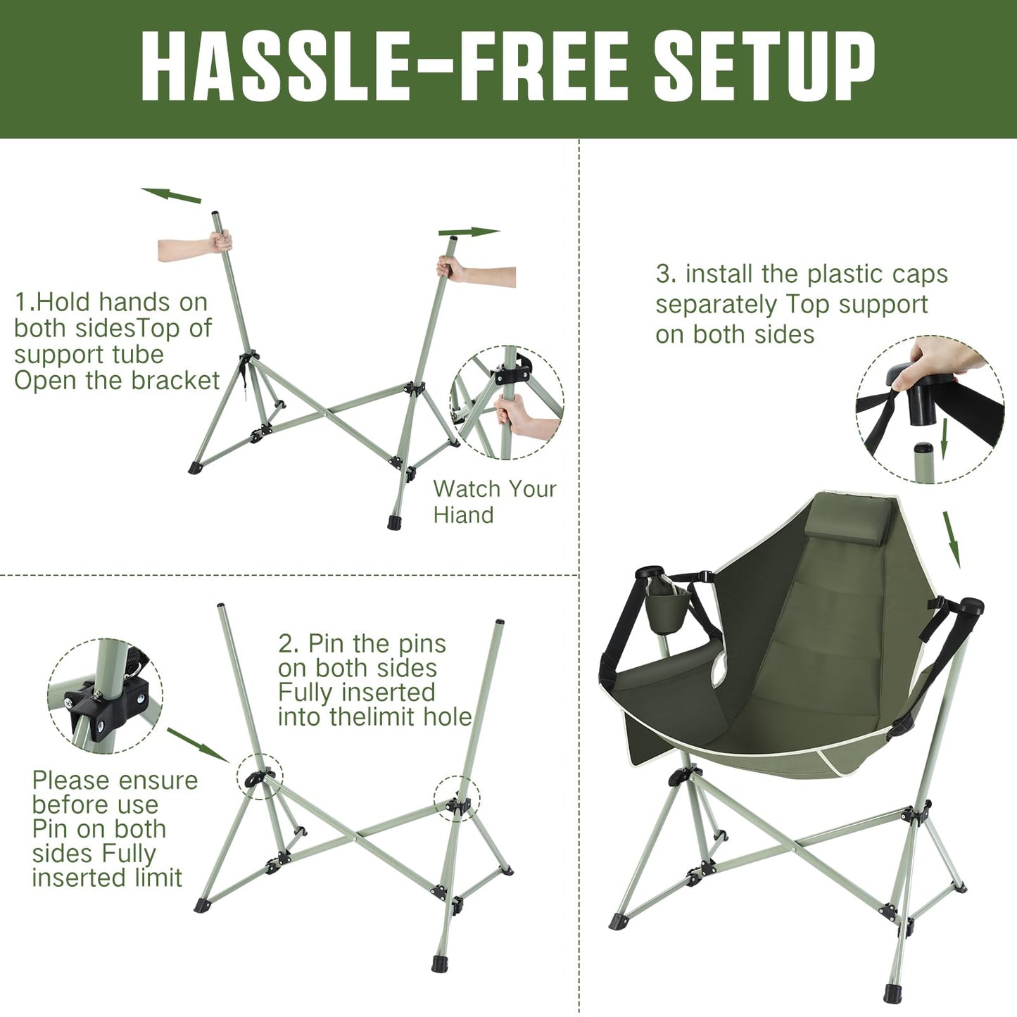 Reallnaive 2 Pcs Hammock Camping Chair with Adjustable Backrest, Heavy Duty Folding Swinging Chair Supports 300lbs, Portable for Camping, Travelling and Patio Green