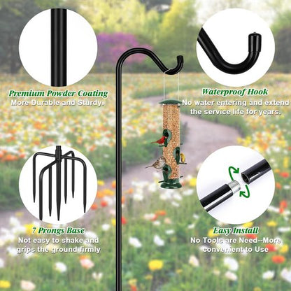 Feed Garden 76'' Heavy Duty Bird Feeder Pole - Adjustable Shepherds Hook with 7-Prong Base for Outdoor Use