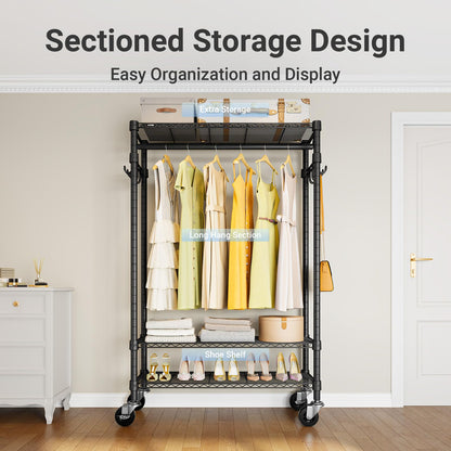 VIPEK R3 Heavy Duty Garment Rack with Lockable Wheels, Portable Rolling Closet with Adjustable Shelves & Hanging Rod & Side Hooks, Compact Space-Saving Storage for Small Apartments/Dorms (Black)