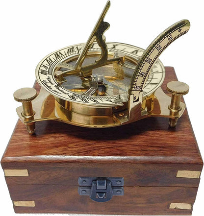 Royal Nautical London 1917 Brass Sundial Compass Set with Wooden Box, 3 Inches, Vintage Style, Gold