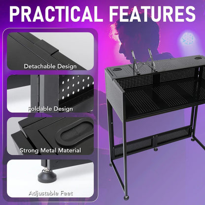 Portable DJ Booth Table, 41"L x 20"W DJ Table Stand Portable Booth Double Deck, Adjustable DJ Facade Station with White & Black Scrim, Foldable Metal Frame DJ Booth Panel for Parties, Wedding, Bars