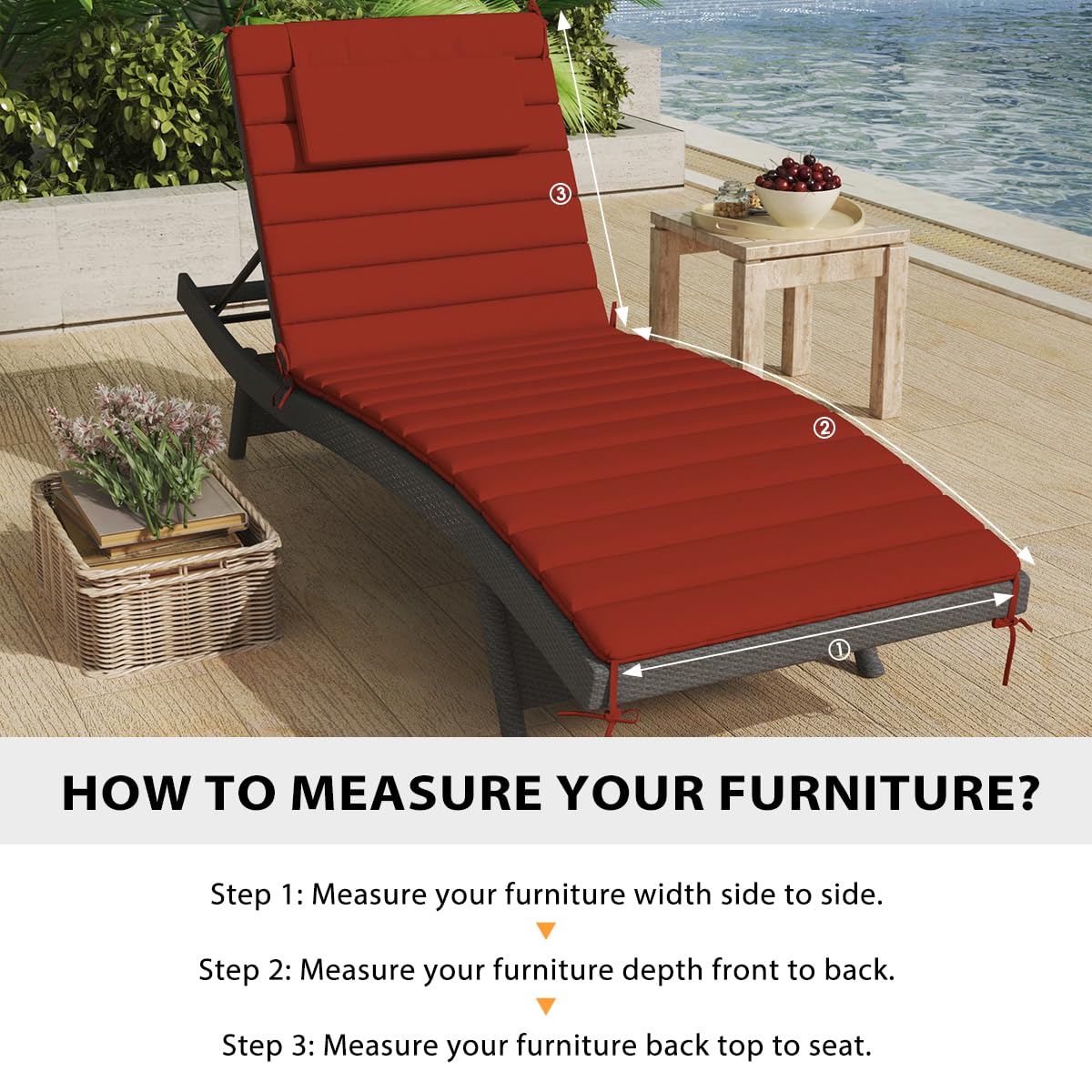 Sundale Outdoor Olefin Quilted Lounge Cushion Set of 2, Patio Foldable Chaise Lounger Cushion, Water-Resistant Lounge Chair Pad with Straps Red, 72 x 21 inches