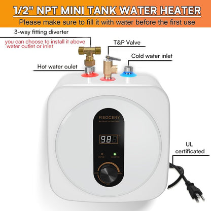 KENUOS Under Sink Instant Hot Water Heater,2.5 Gallon Mini Tank Water Heaters with LED Display,1500W 120V Small Water Heater 1/2" NPT for RV,Kitchen,Compact Design with T&P Valve,3-Way Fitting Valve