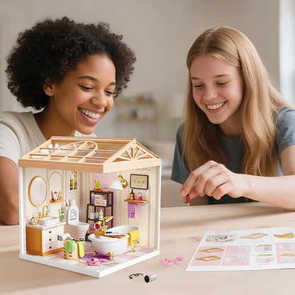 DIY Miniature House Kit with Roof &amp Dust Covers Creative Construction Toys with Light &amp Furniture for Mini Figures Christmas Decoration Gift for Teens Adults (Bathroom)