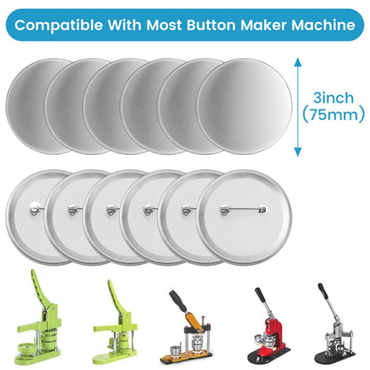 100 Sets Button Maker Supplies, 75mm/3 inch Button Supplies, with Metal Needle Back Cover, Metal Cover, Transparent Film and Blank Paper, Suitable for Button Making Machine and Pin Maker Press