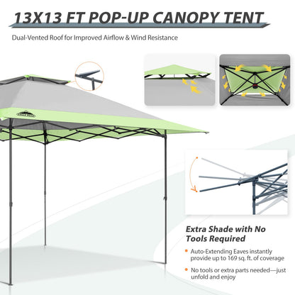 EAGLE PEAK 13x13 Straight Leg Pop Up Canopy Tent Instant Outdoor Canopy Easy Single Person Set up Folding Shelter w/Auto Extending Eaves 169 Square Feet of Shade (Gray)