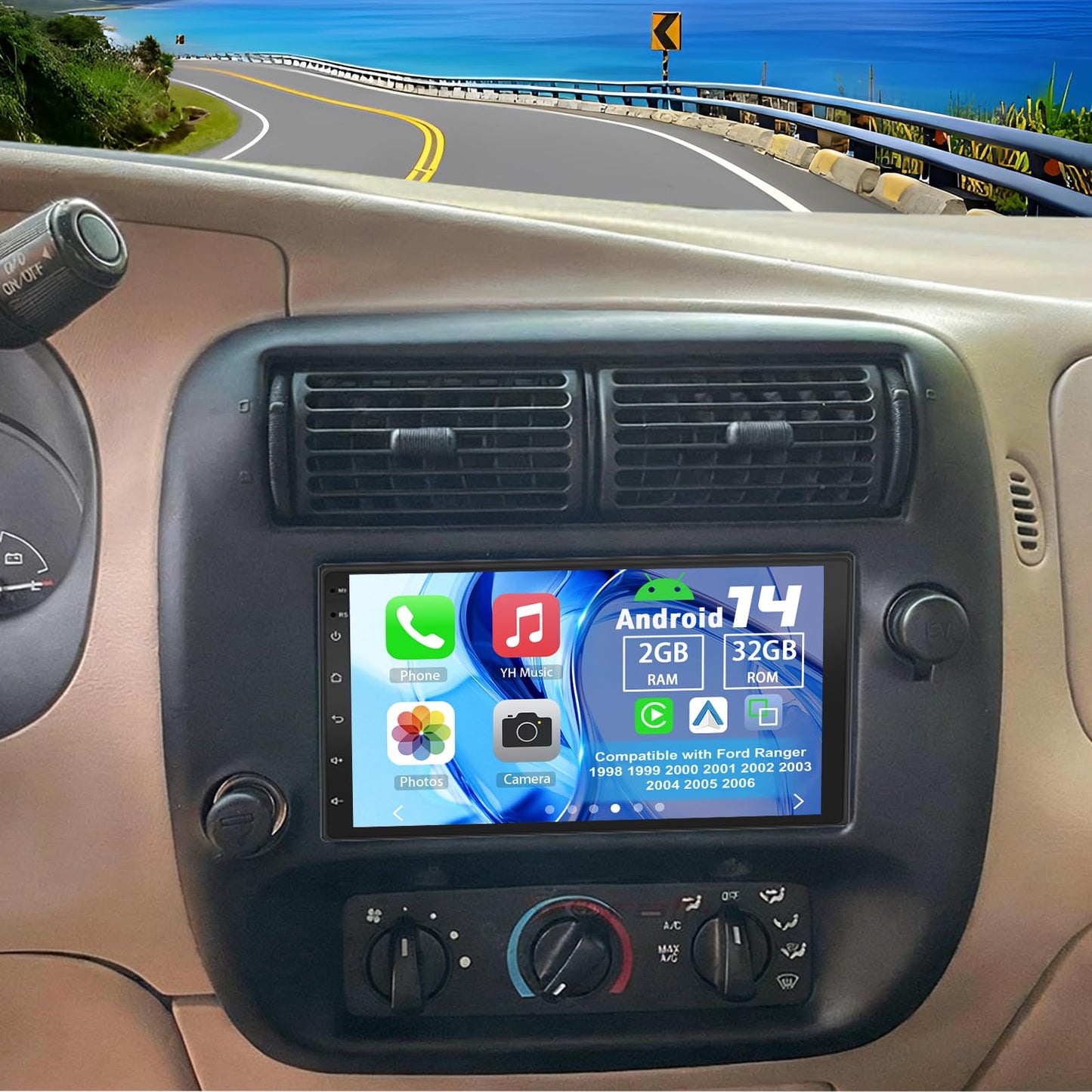 Slakerbe Android 14 Double Din Car Stereo Radio for Ford Ranger 1998-2006, 2G+32G 7" Touchscreen Car Radio w/Wireless Carplay Android Auto GPS WiFi Bluetooth RDS DSP SWC Mic Backup Camera