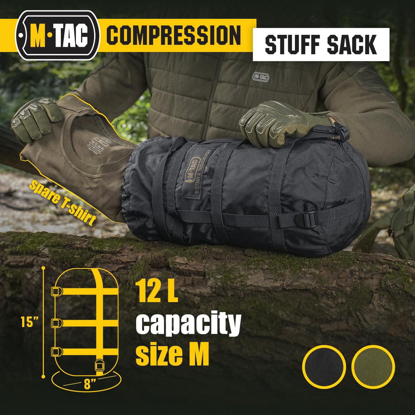 M-Tac Compression Stuff Sack for Sleeping Bag Military Water Resistant Compression Bag Lightweight Nylon Compression Sack for Travel, Camping, Hiking, Outdoor (Black, XL - 40 liters)