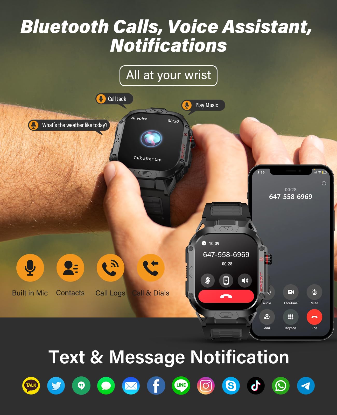 SOUYIE Military Smart Watch for Men Answer/Make Call, 2.02" Outdoor Sport Smartwatch with Flashlight, Heart Rate Blood oxygen Blood Pressure Sleep, 100+ Sport Modes Fitness Tracker for Android and iOS