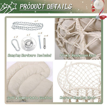 Hammock Chair with Cushion, Handmade Macrame Swing Chair with Hanging Hardware Kits, Bohemian Style Cotton Rope Hanging Chair for Bedroom Indoor Outdoor, Beige