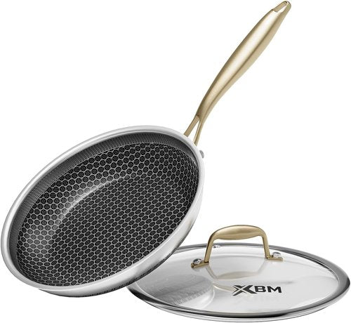 Honeycomb Stainless Steel Frying Pan - 8 Inch Nonstick Skillet with Lid | Induction Compatible, PFOA-Free, Dishwasher Safe