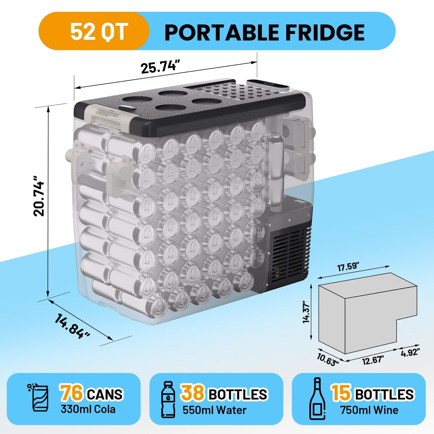 Garvee 12V Portable Car Refrigerator Freezer, 52QT with -4℉ to 50℉ Adjustable Temperature, 12/24V DC & 110-240V AC Compressor Fridge, Fast Cooling for Camping, Travel, Truck